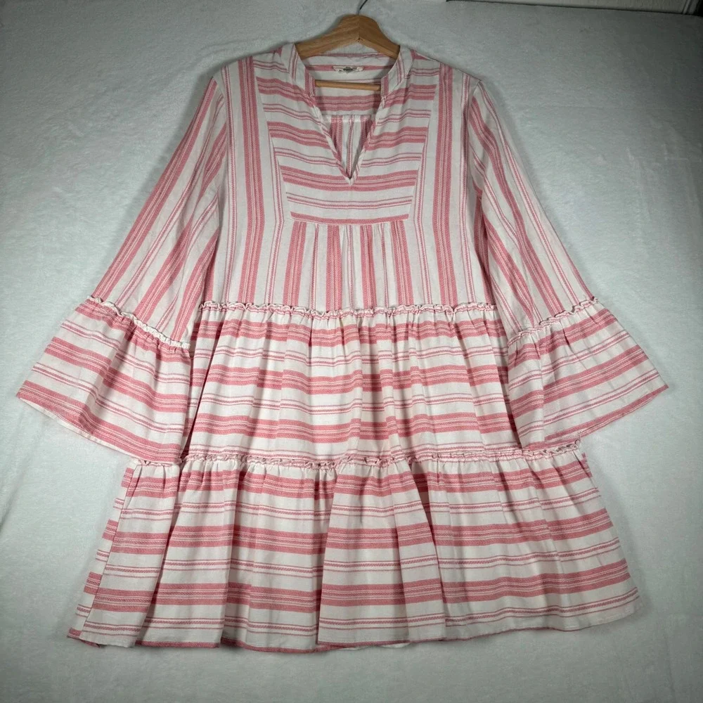 Entro Pink White Striped Tiered Babydoll Mini Dress Bell Sleeve D17573 Womens L